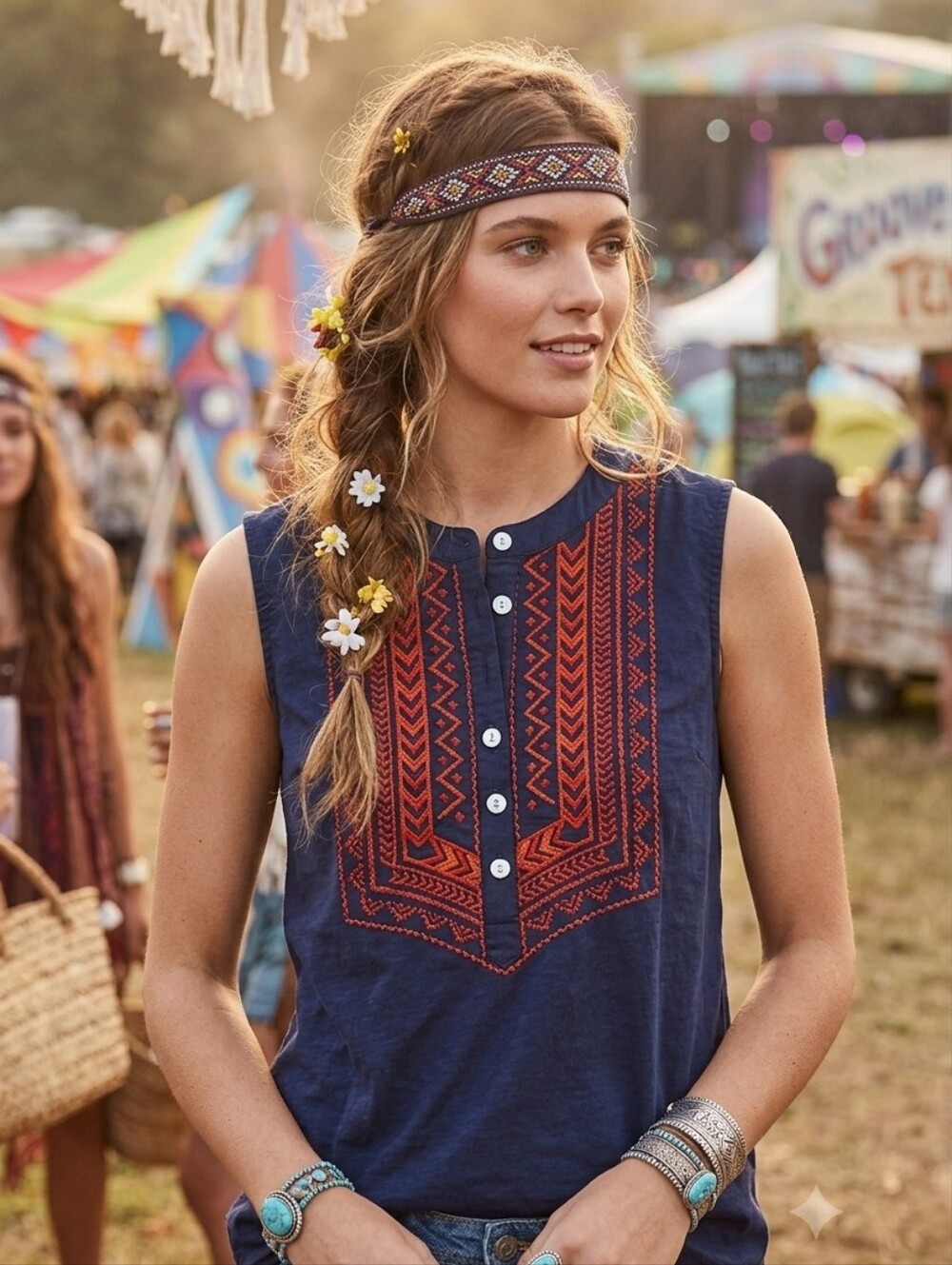Charming Charlie Navy Embroidered Sleeveless Top  Size Large, Boho Chic Festival